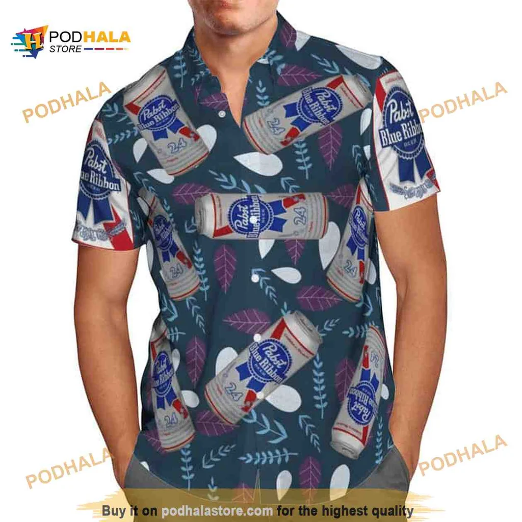 Pabst Blue Ribbon Hawaiian Shirt Featuring Tropical Beer Can Design
