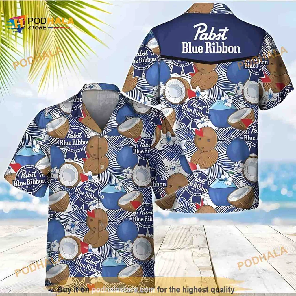 Pabst Blue Ribbon Hawaiian Shirt, Tropical Coconut Aloha Design