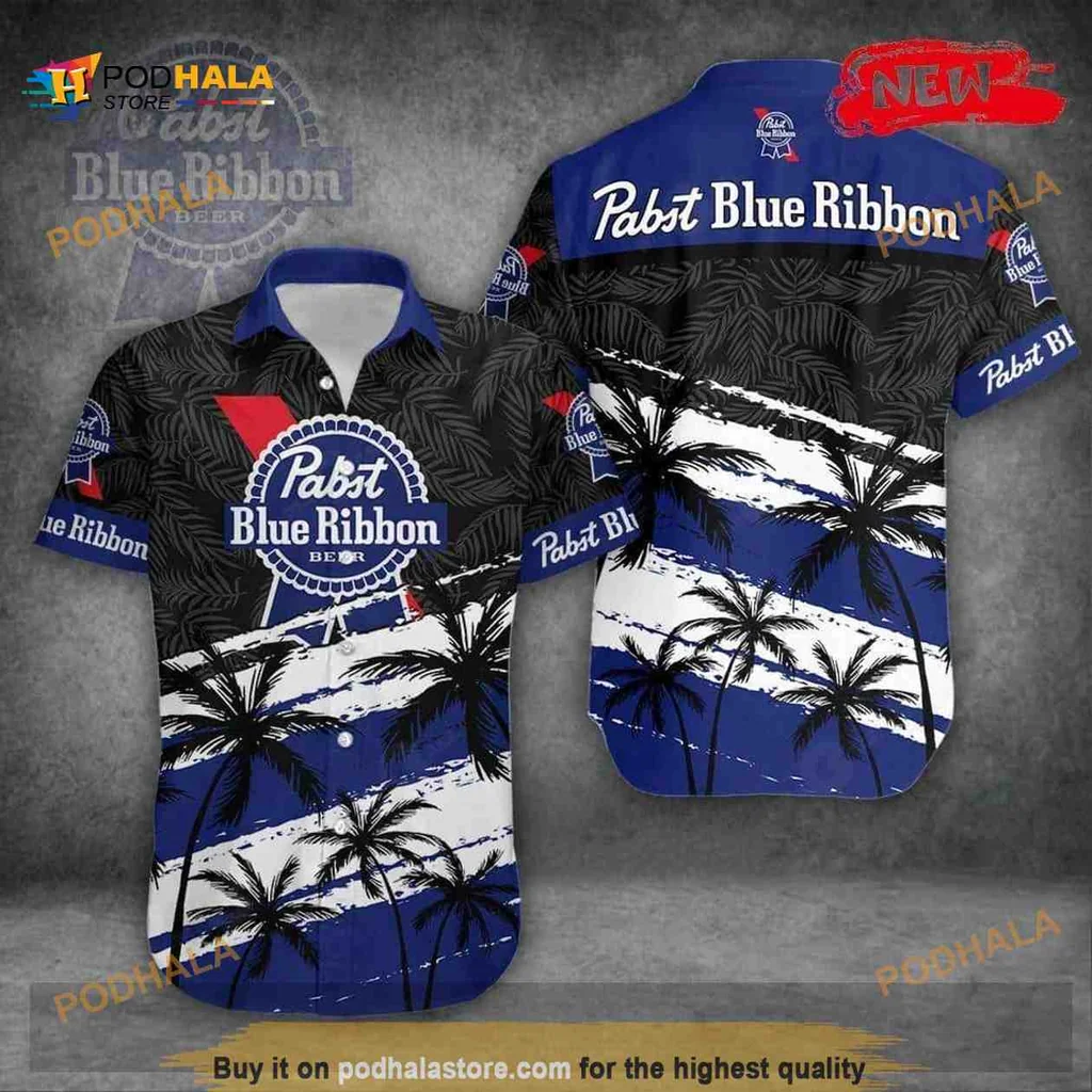 Pabst Blue Ribbon Hawaiian Shirt, Tropical Coconut Tree Aloha Design