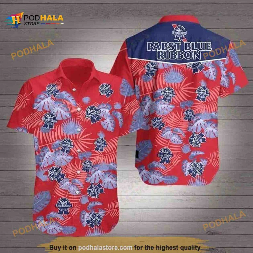 Pabst Blue Ribbon Hawaiian Shirt, Tropical Flower Pattern Aloha Style