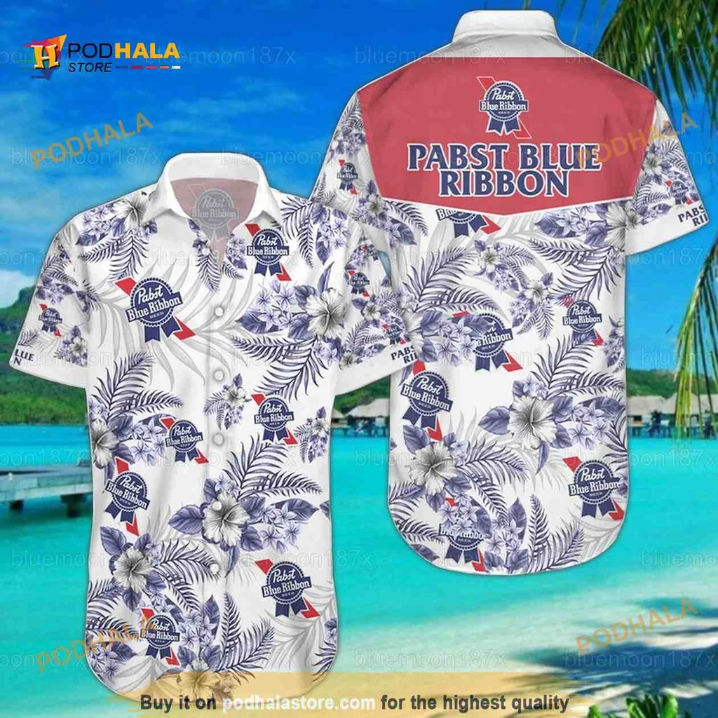 Pabst Blue Ribbon Hawaiian Shirt, Tropical Hibiscus Aloha Style