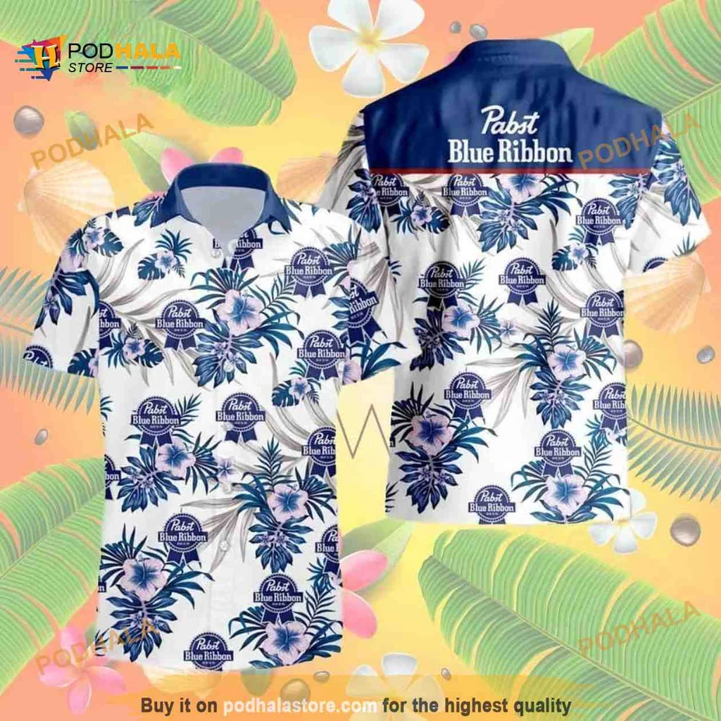 Pabst Blue Ribbon Hawaiian Shirt, Tropical Hibiscus Aloha Style