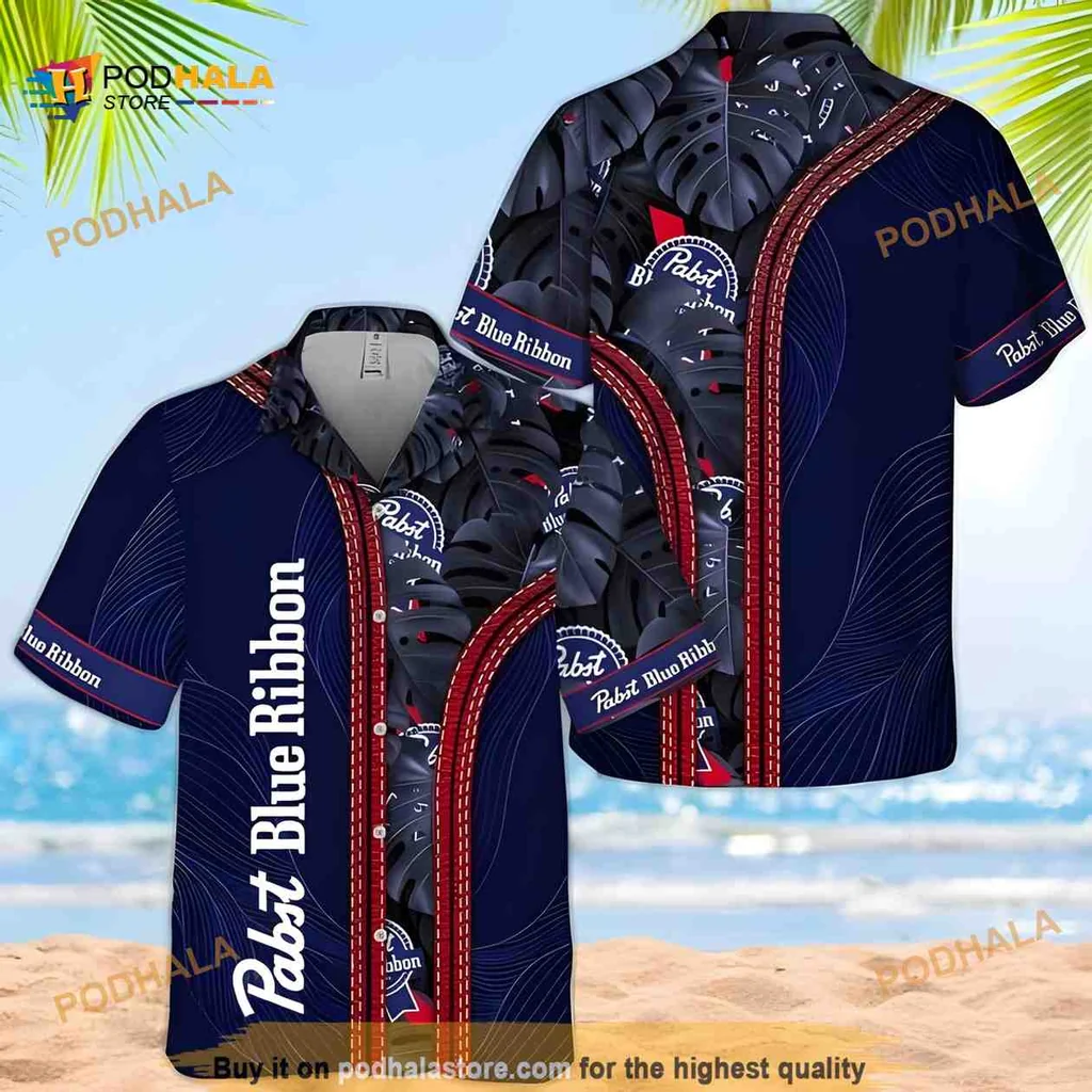 Pabst Blue Ribbon Hawaiian Shirt, Tropical Monstera Design Aloha Shirt