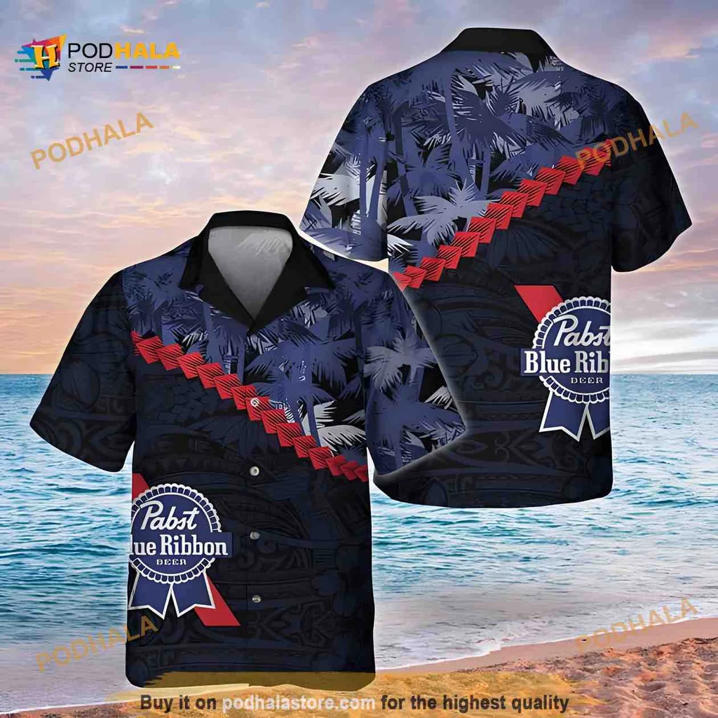 Pabst Blue Ribbon Hawaiian Shirt, Tropical Palm Leaf Design Aloha Shirt