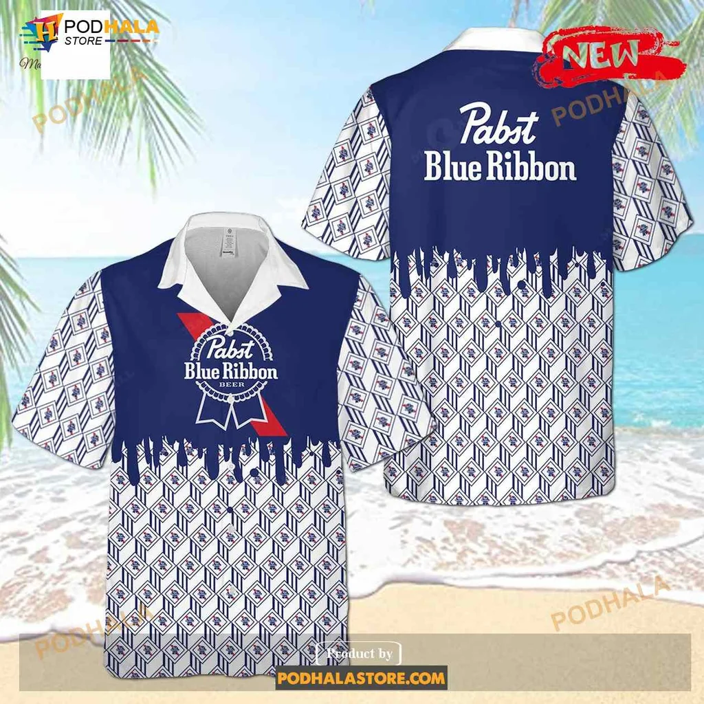 Pabst Blue Ribbon Hawaiian Shirt With Bold Logo And Dark Blue Design