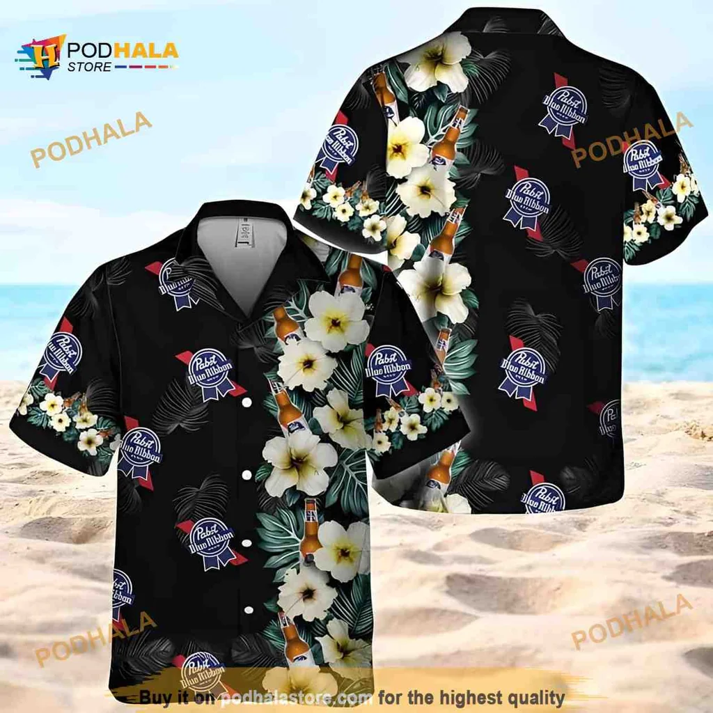 Pabst Blue Ribbon Hawaiian Shirt With Hibiscus Flower Pattern