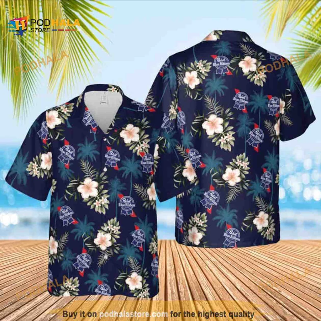 Pabst Blue Ribbon Hawaiian Shirt With Hibiscus Flowers And Palm Trees