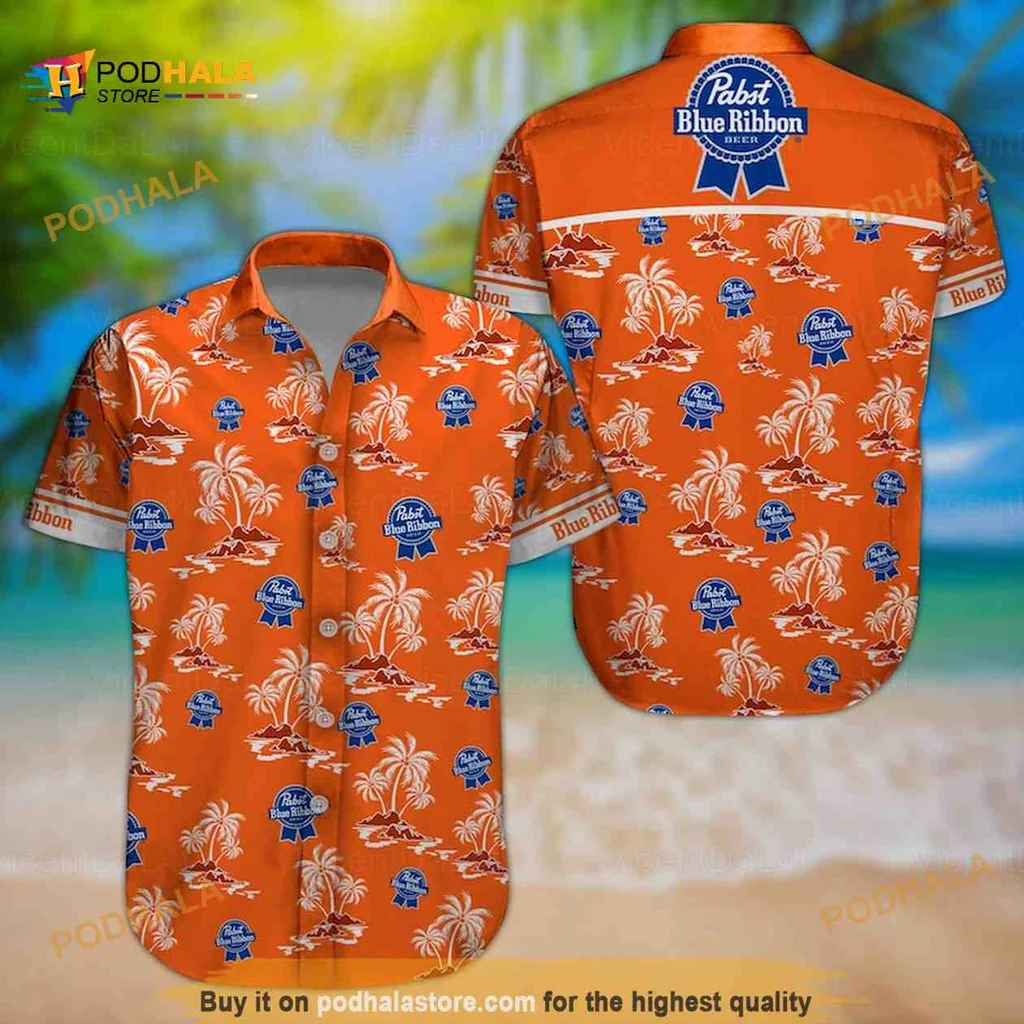 Pabst Blue Ribbon Hawaiian Shirt With Palm Trees And Tropical Flowers
