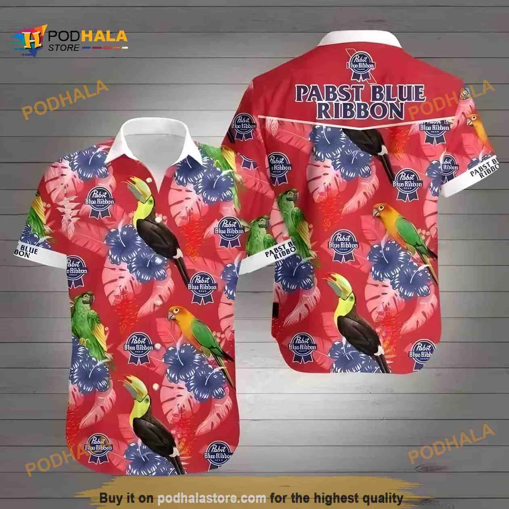 Pabst Blue Ribbon Hawaiian Shirt With Parrots And Hibiscus Flowers