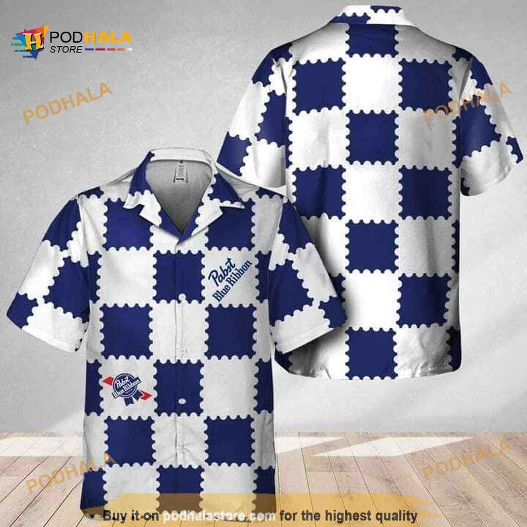 Pabst Blue Ribbon Hawaiian Shirt With Trendy Gingham Pattern For Beach Trips