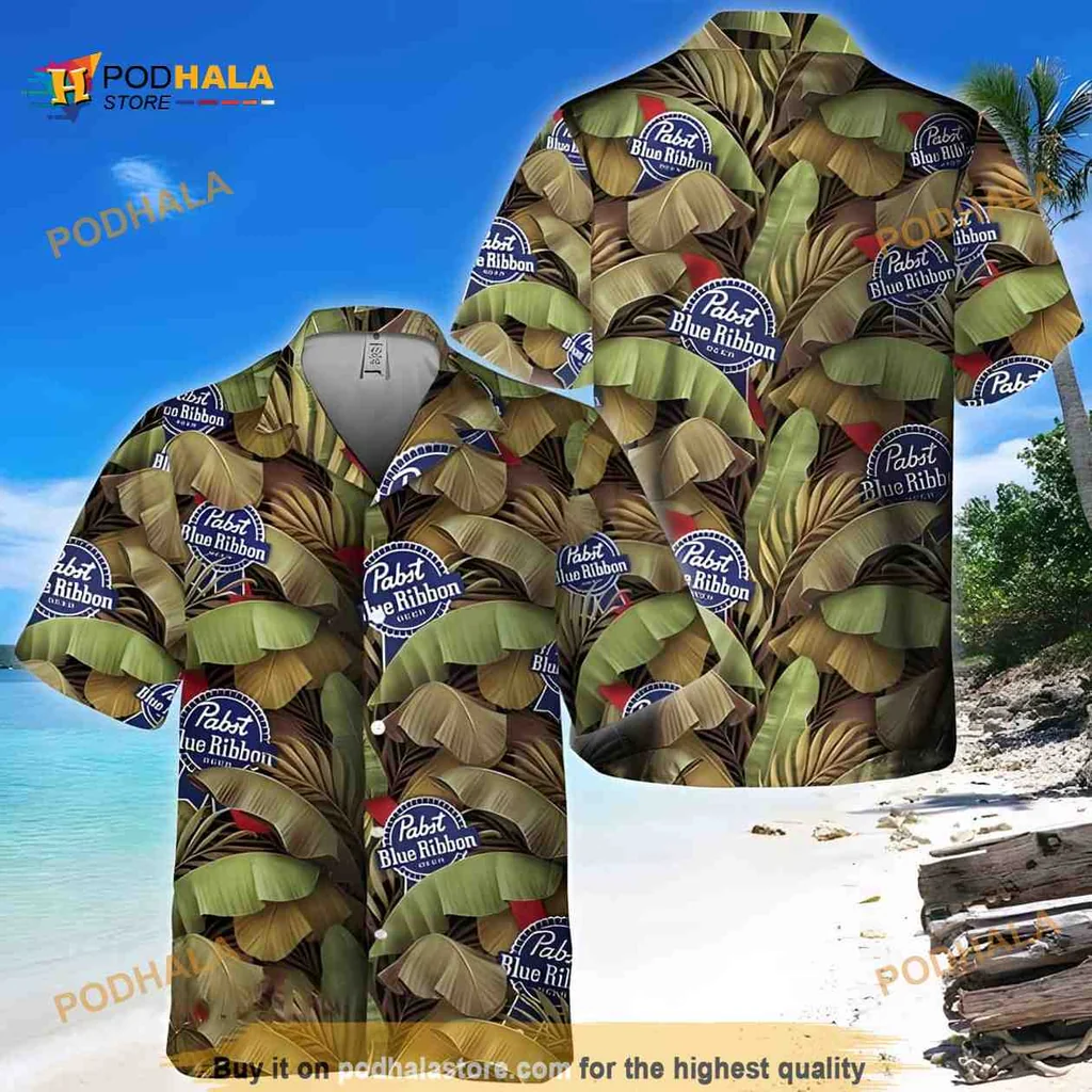 Pabst Blue Ribbon Hawaiian Shirt With Tropical Banana Leaves Design