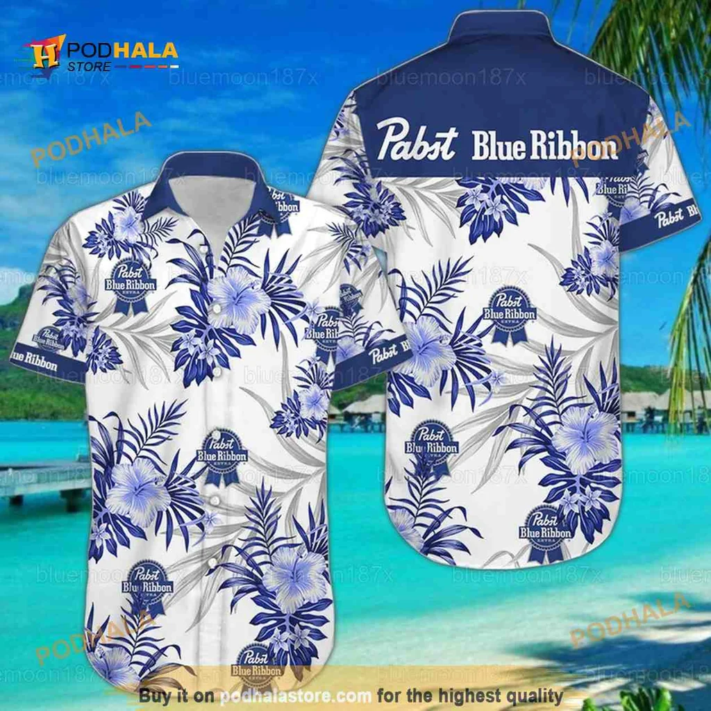 Pabst Blue Ribbon Hawaiian Shirt With Tropical Flower Pattern