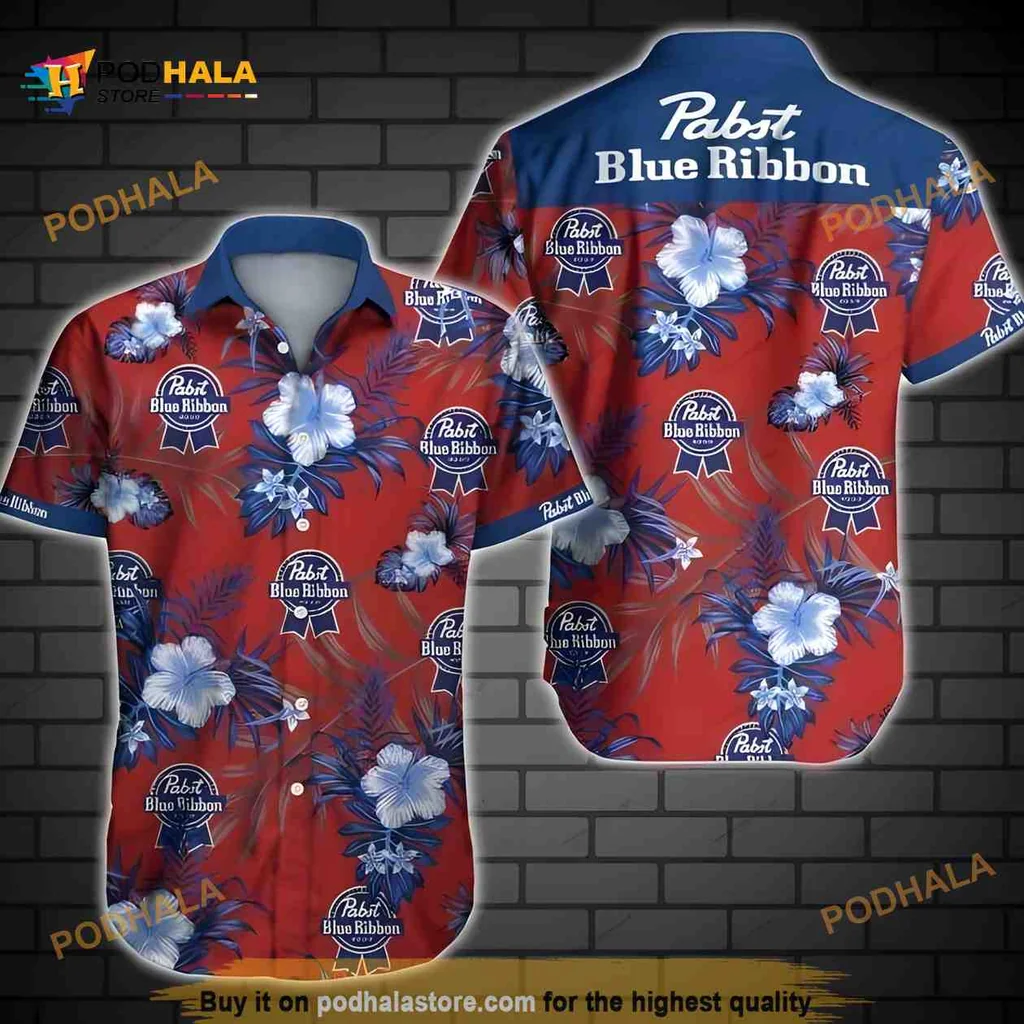 Pabst Blue Ribbon Hawaiian Shirt With Tropical Flower Pattern