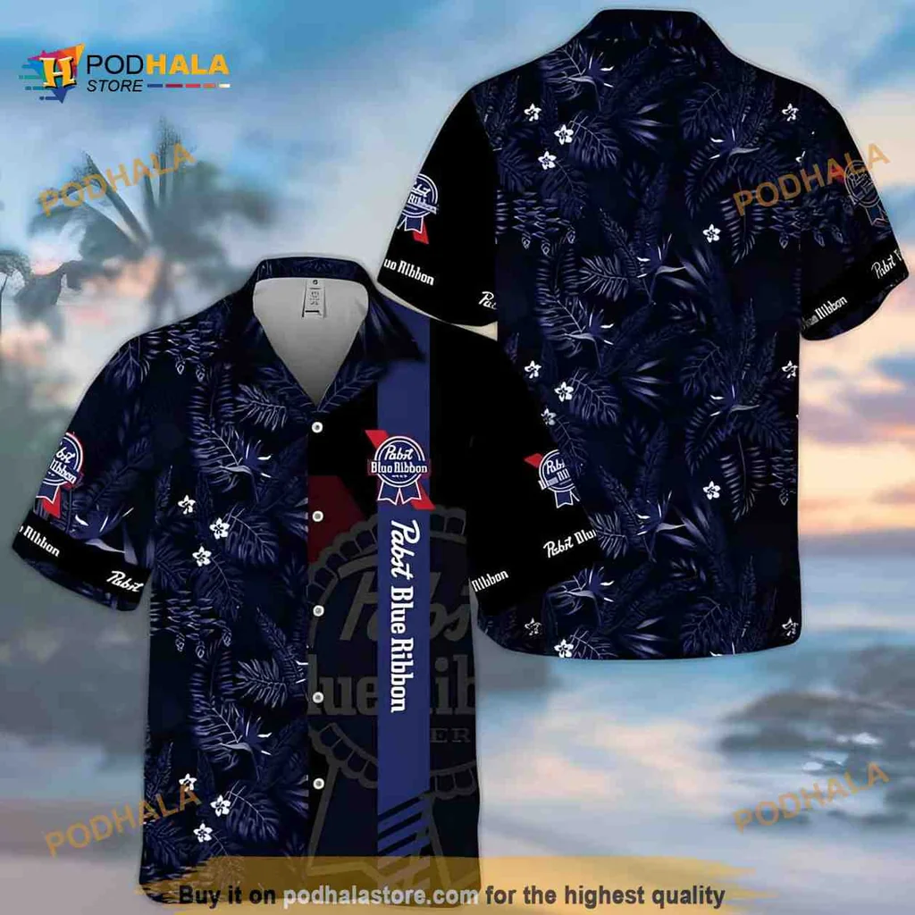 Pabst Blue Ribbon Hawaiian Shirt With Tropical Foliage Design