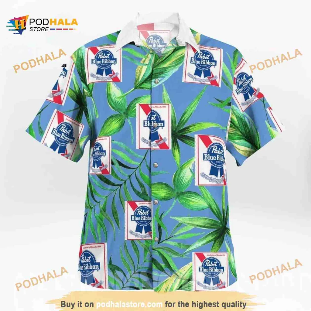 Pabst Blue Ribbon Hawaiian Shirt With Tropical Palm Leaves Design
