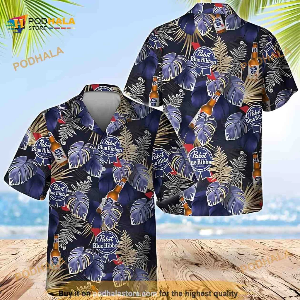 Pabst Blue Ribbon Hawaiian Shirt With Tropical Palm Leaves Design