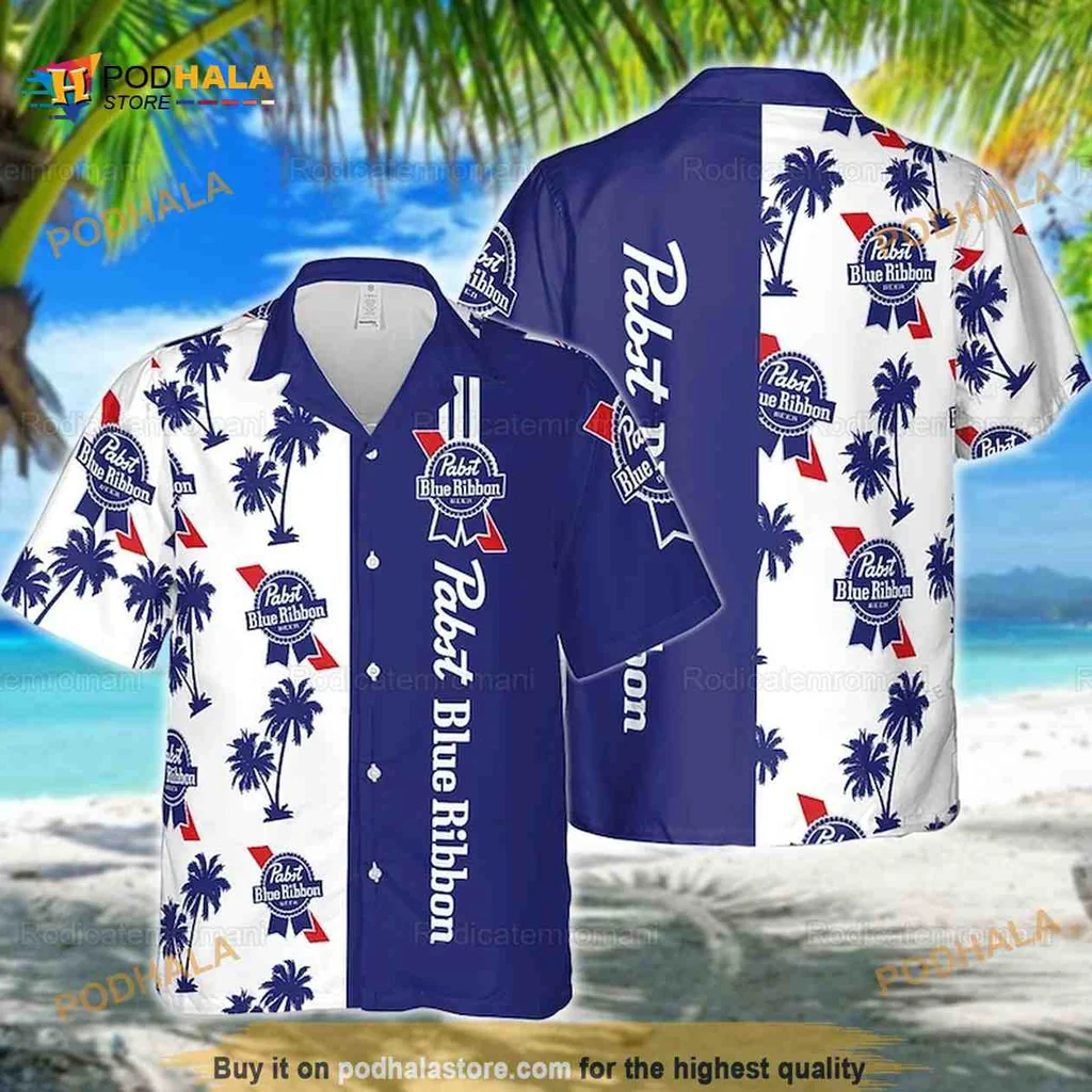 Pabst Blue Ribbon Hawaiian Shirt With Tropical Palm Trees Design