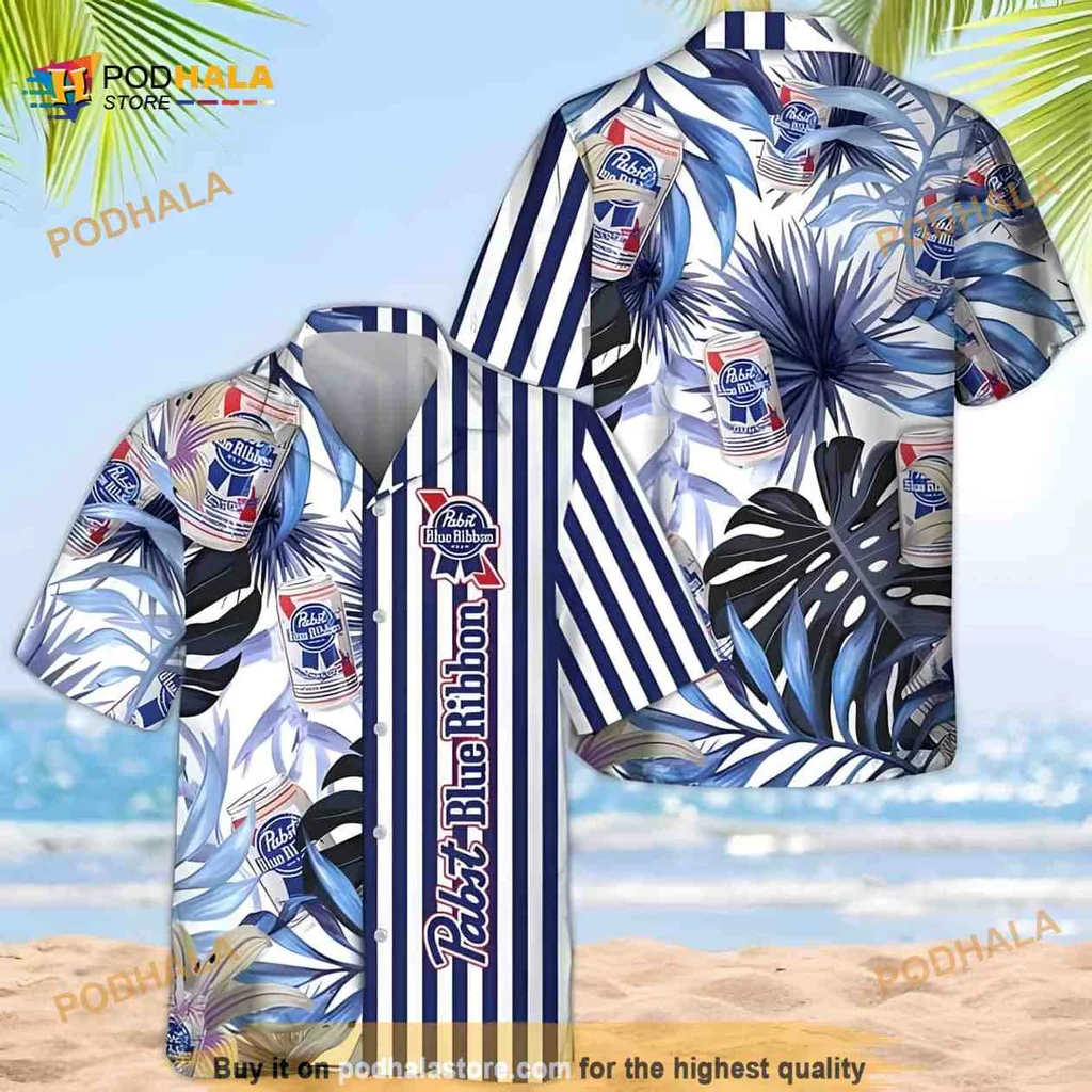 Pabst Blue Ribbon Hawaiian Shirt With Tropical Plant Leaf Design