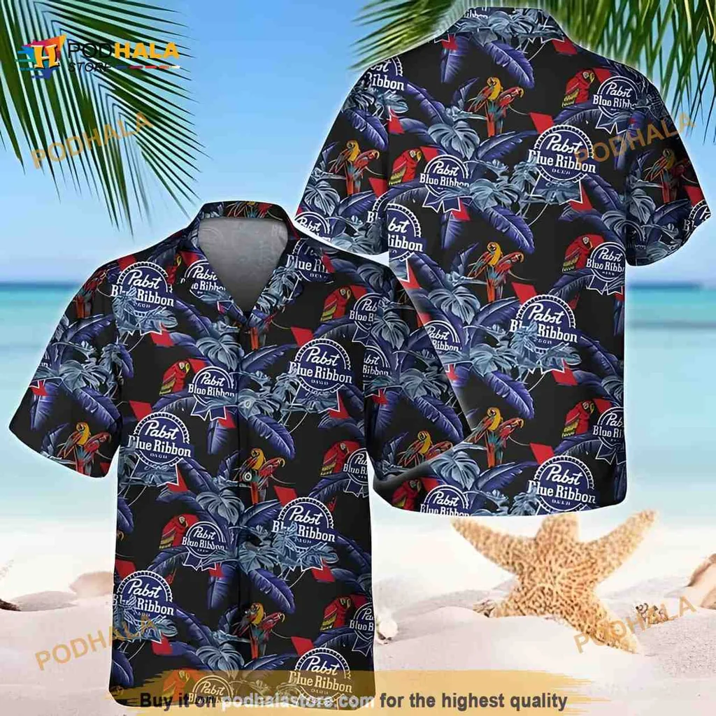 Pabst Blue Ribbon Tropical Aloha Shirt, Colorful Parrots And Leaves Design