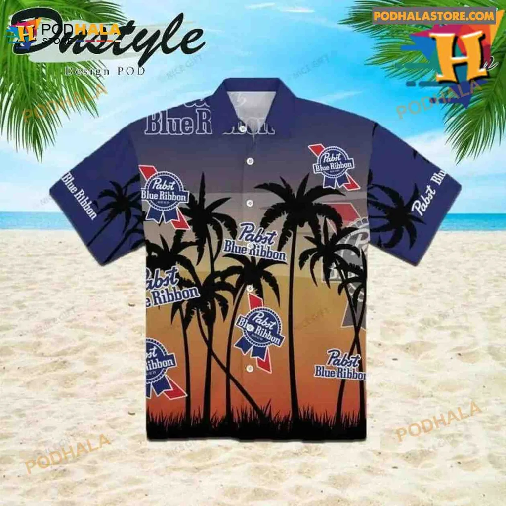 Pabst Blue Ribbon Tropical Hawaiian Shirt With Sunset And Palm Trees