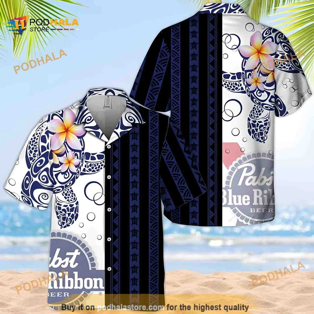 Pabst Blue Ribbon Turtle Aloha Shirt, Polynesian Blend Tropical Design