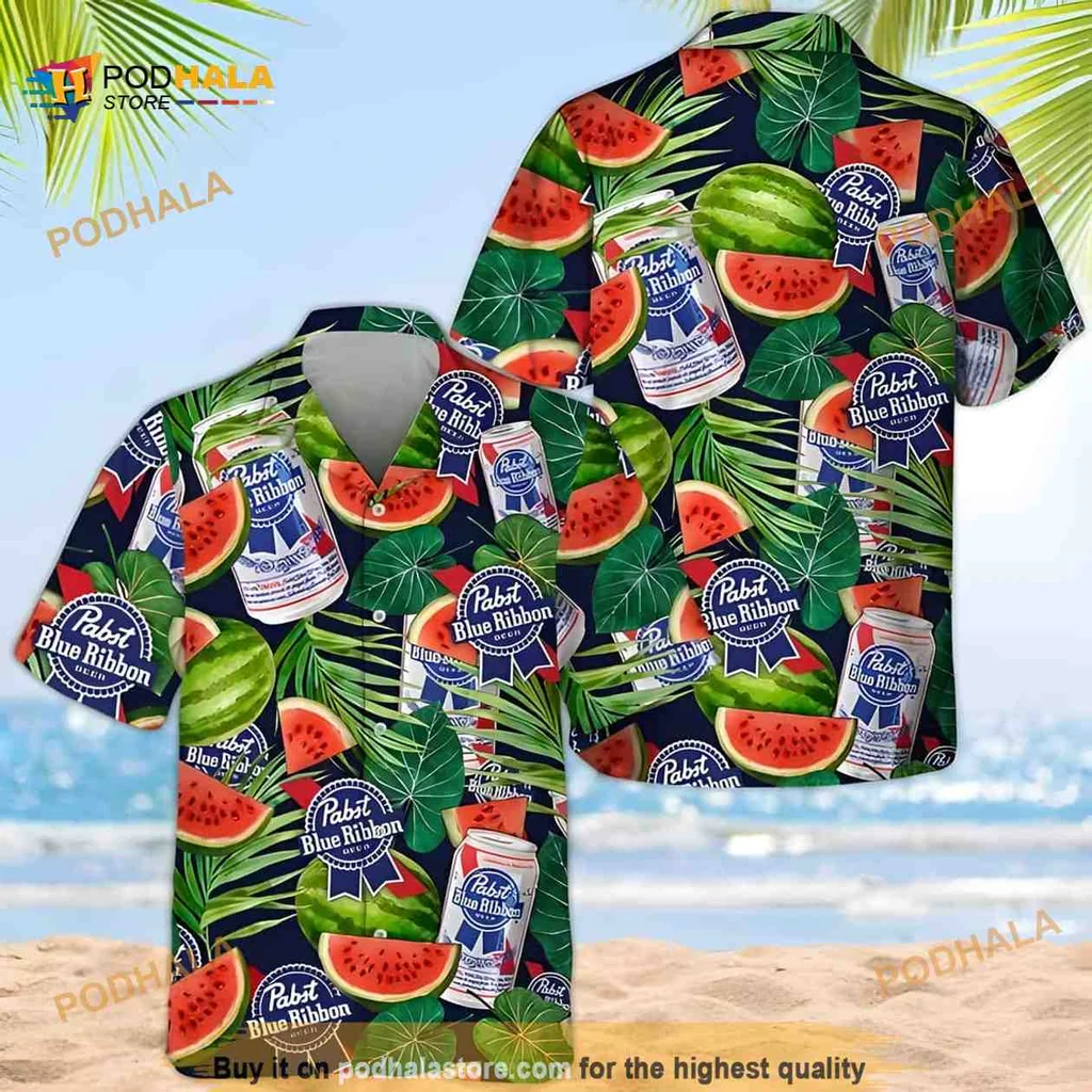 Pabst Blue Ribbon Watermelon Aloha Shirt, Tropical Summer Vibes