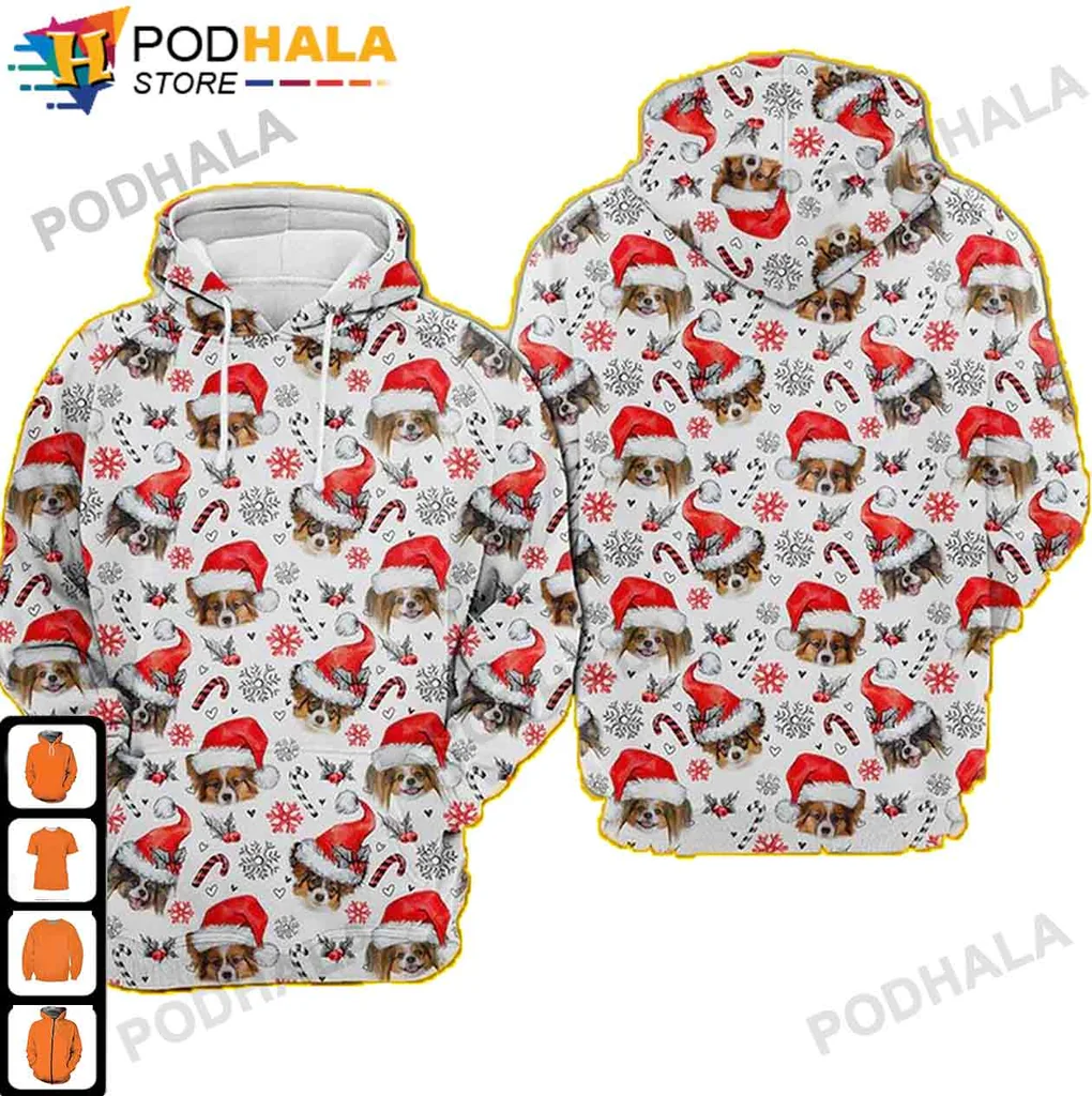Papillon Dog Christmas Hoodie Featuring Santa Hats And Festive Elements