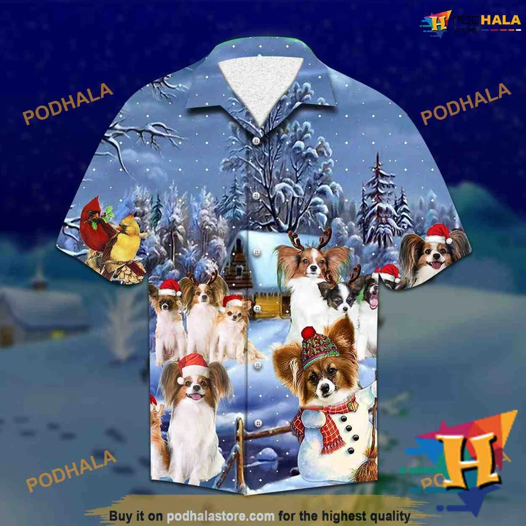 Papillon Dog Festive Aloha Shirt With Santa Hats And Winter Accessories