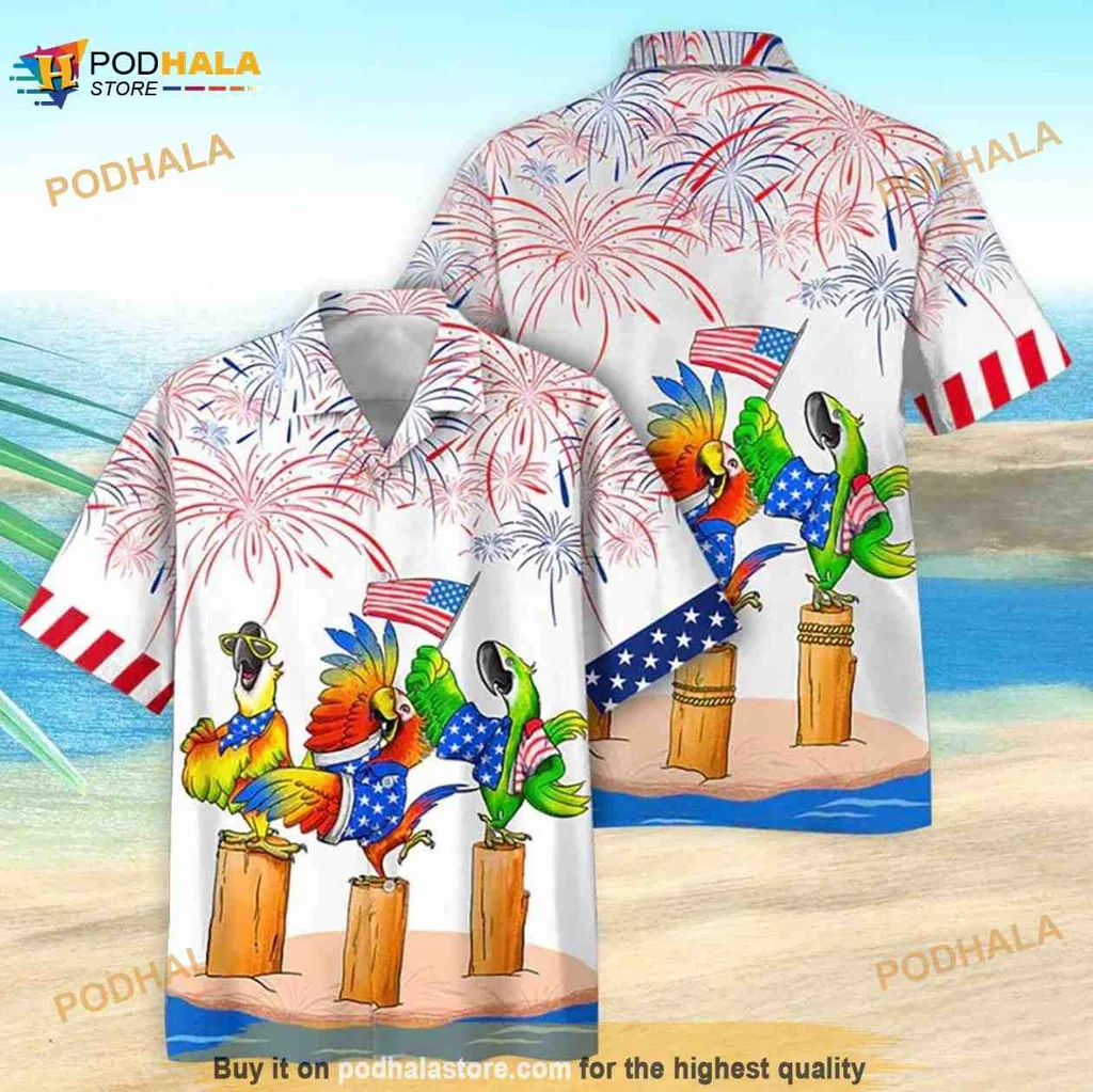 Parrot American Flag Hawaiian Shirt With Colorful Fireworks Design