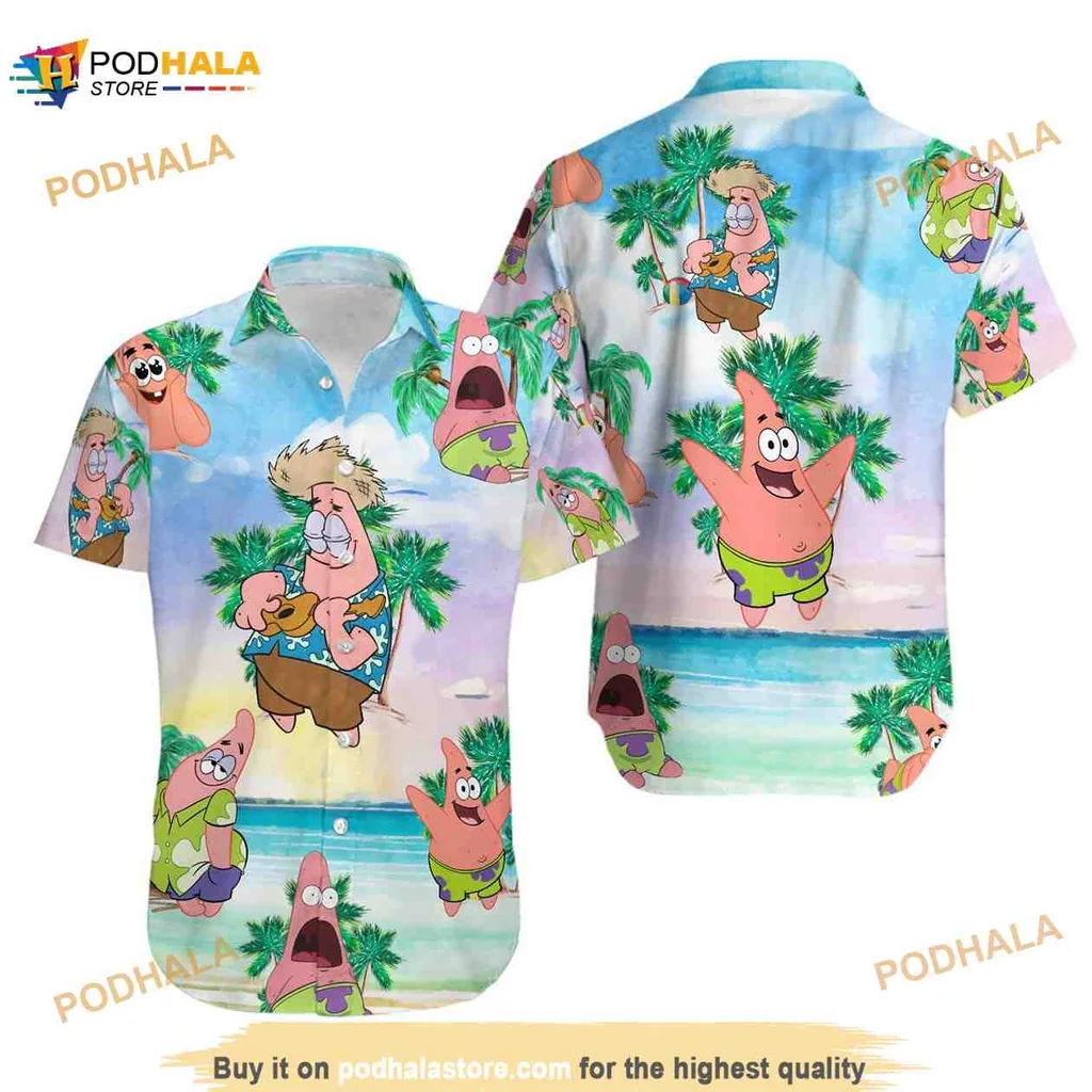 Patrick Star Aloha Shirt With Surfboard And Tropical Beach Design
