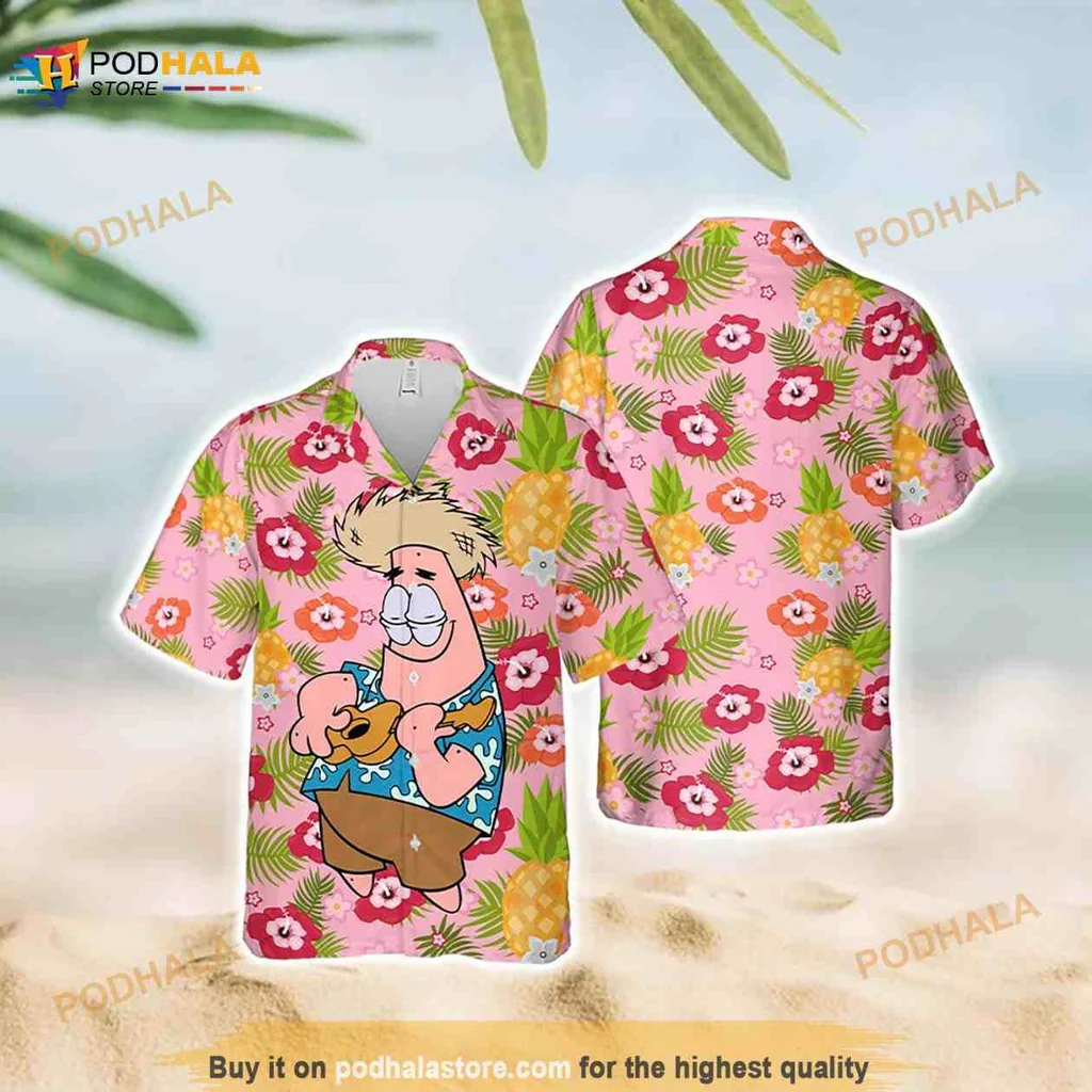 Patrick Star Hawaiian Shirt With Tropical Flowers And Ukulele Design