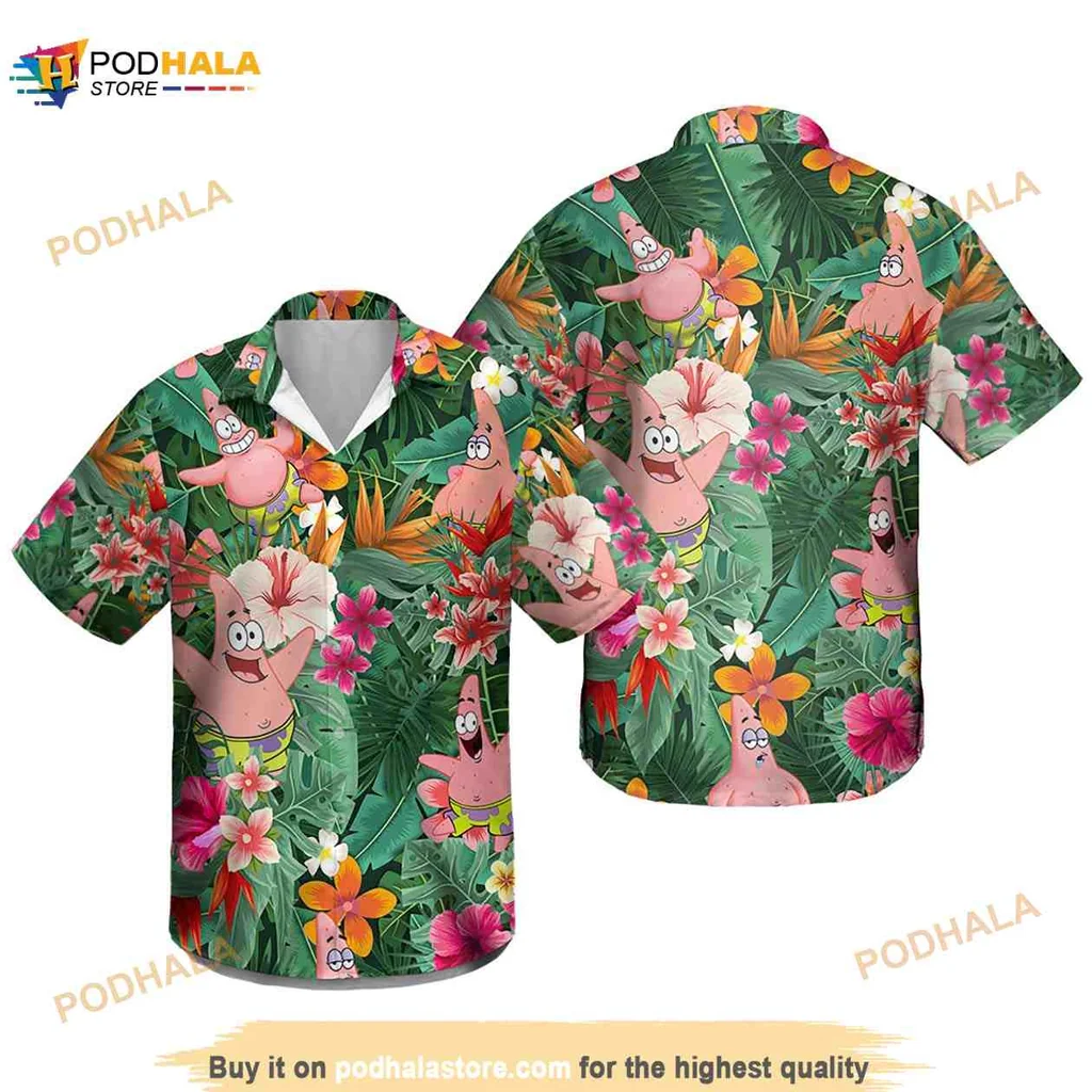 Patrick Star Tropical Hawaiian Shirt With Playful Poses And Colorful Flowers