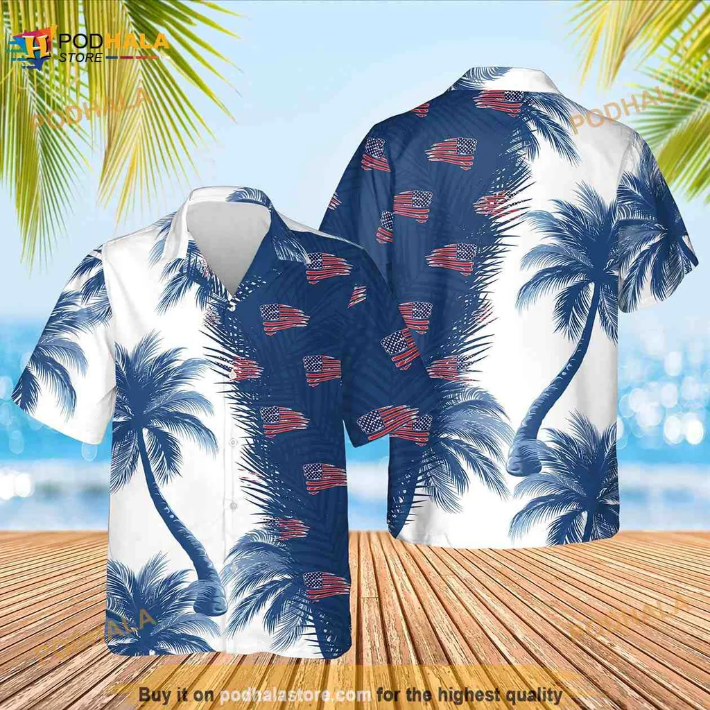 Patriotic American Flag Aloha Shirt, Tropical Summer Button Up With Palm Trees