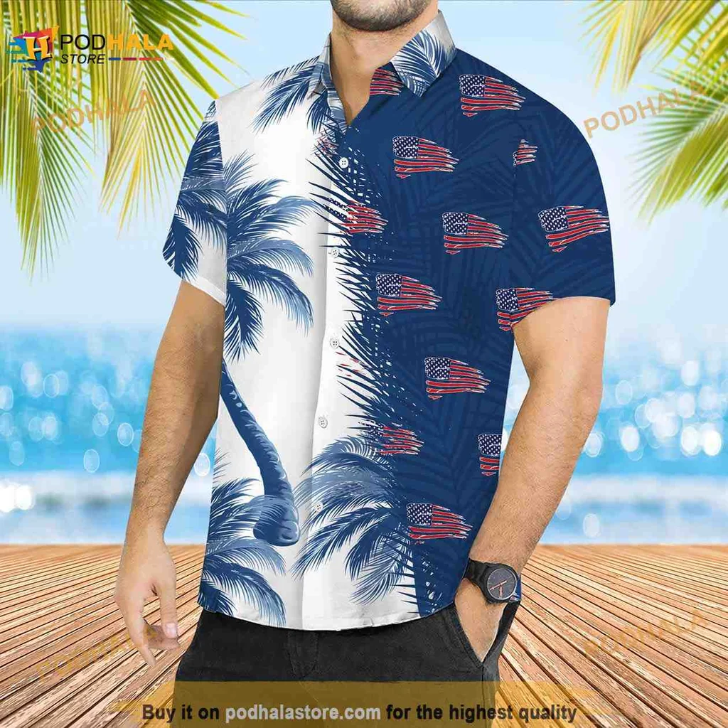 Patriotic American Flag Short-sleeve button-up shirt, Tropical Summer Button Up With Palm Trees Patriotic American Flag Short-sleeve button-up shirt, Tropical Summer Button Up With Palm Trees