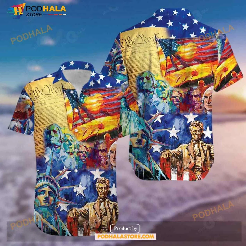 Patriotic American Flag Hawaiian Shirt Featuring Statue Of Liberty And Lincoln