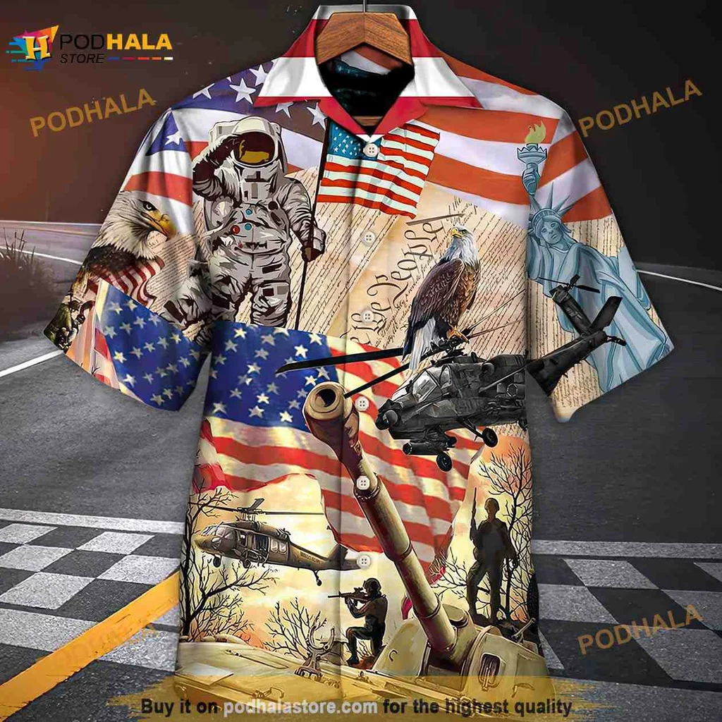 Patriotic American Flag Hawaiian Shirt With Eagle And Statue Of Liberty