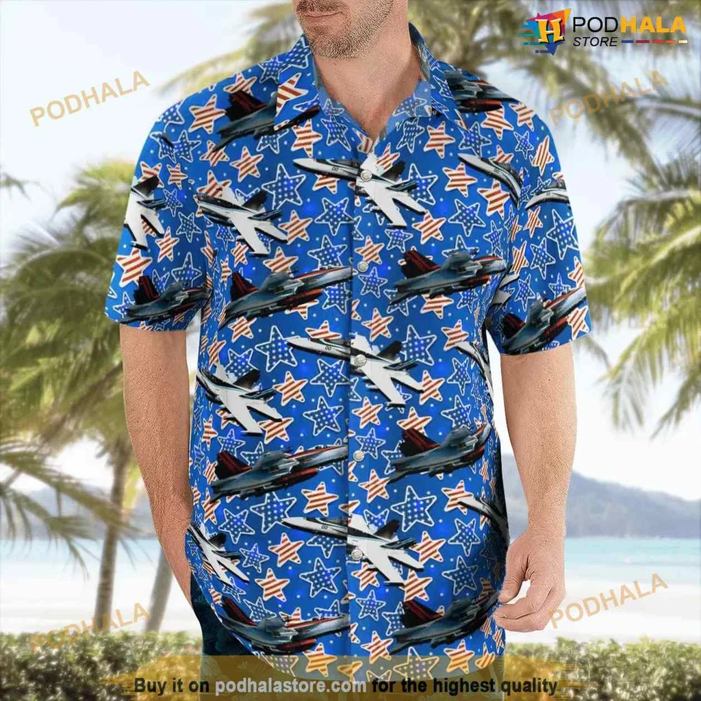 Patriotic Aviation Hawaiian Shirt Featuring F/a 18f Super Hornets And Stars