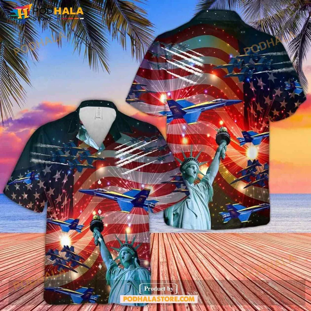 Patriotic Aviation Hawaiian Shirt Featuring Statue Of Liberty And Blue Angels