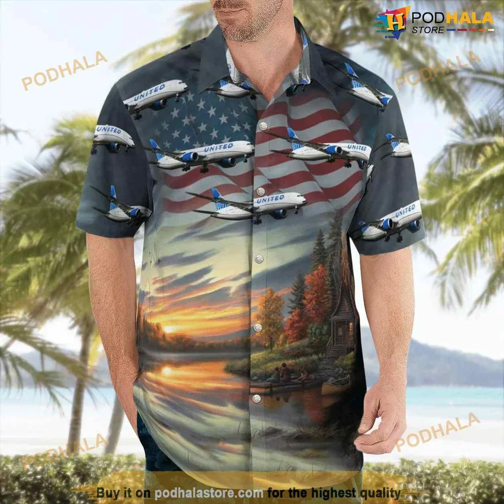 Patriotic Aviation Hawaiian Shirt Featuring United Airlines Boeing 787 9 Dreamliner