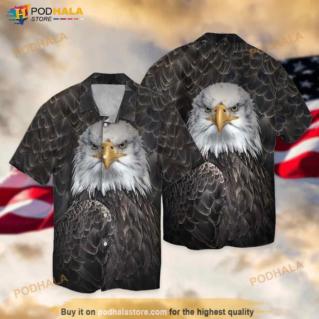 Patriotic Bald Eagle Hawaiian Shirt With Fierce Design And Dark Background