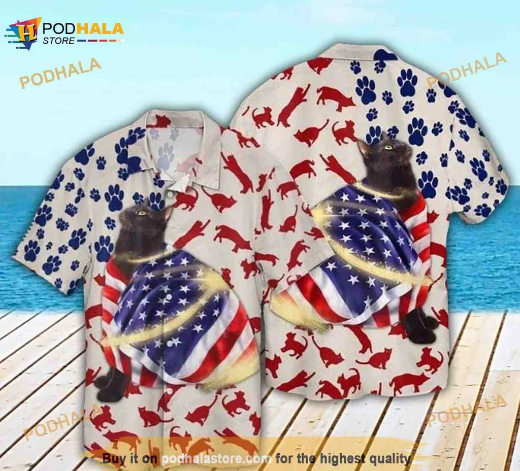 Patriotic Black Cat Hawaiian Shirt With American Flag Design