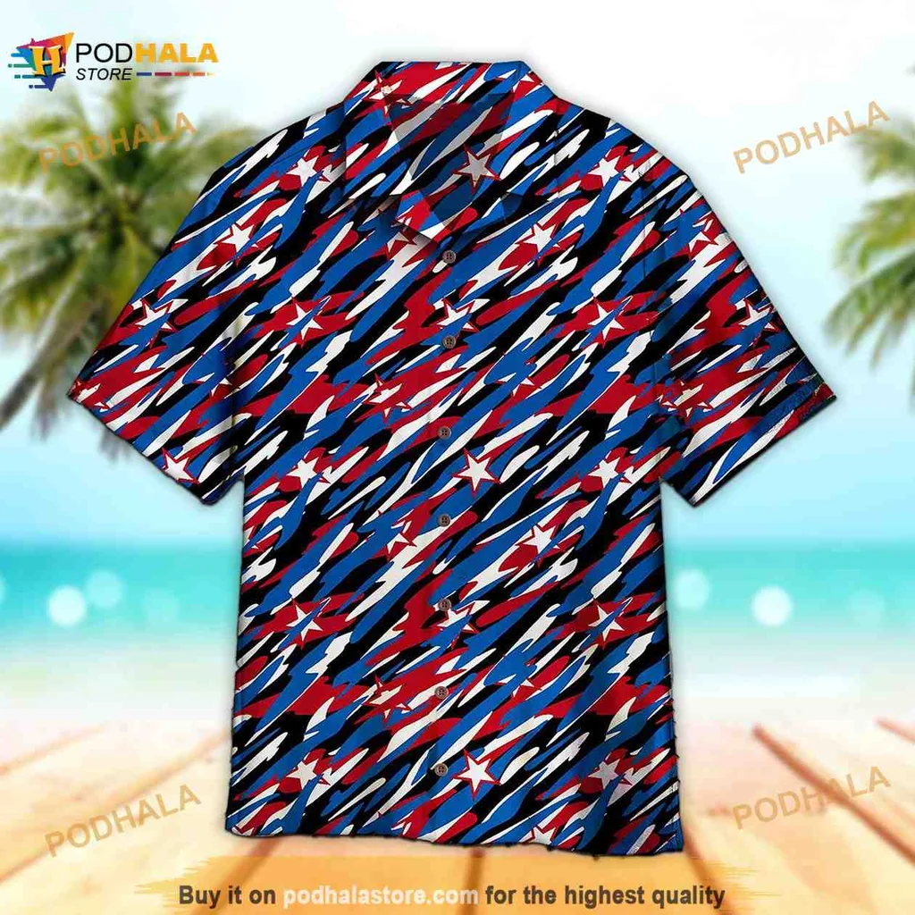 Patriotic Camouflage Hawaiian Shirt With American Flag Design