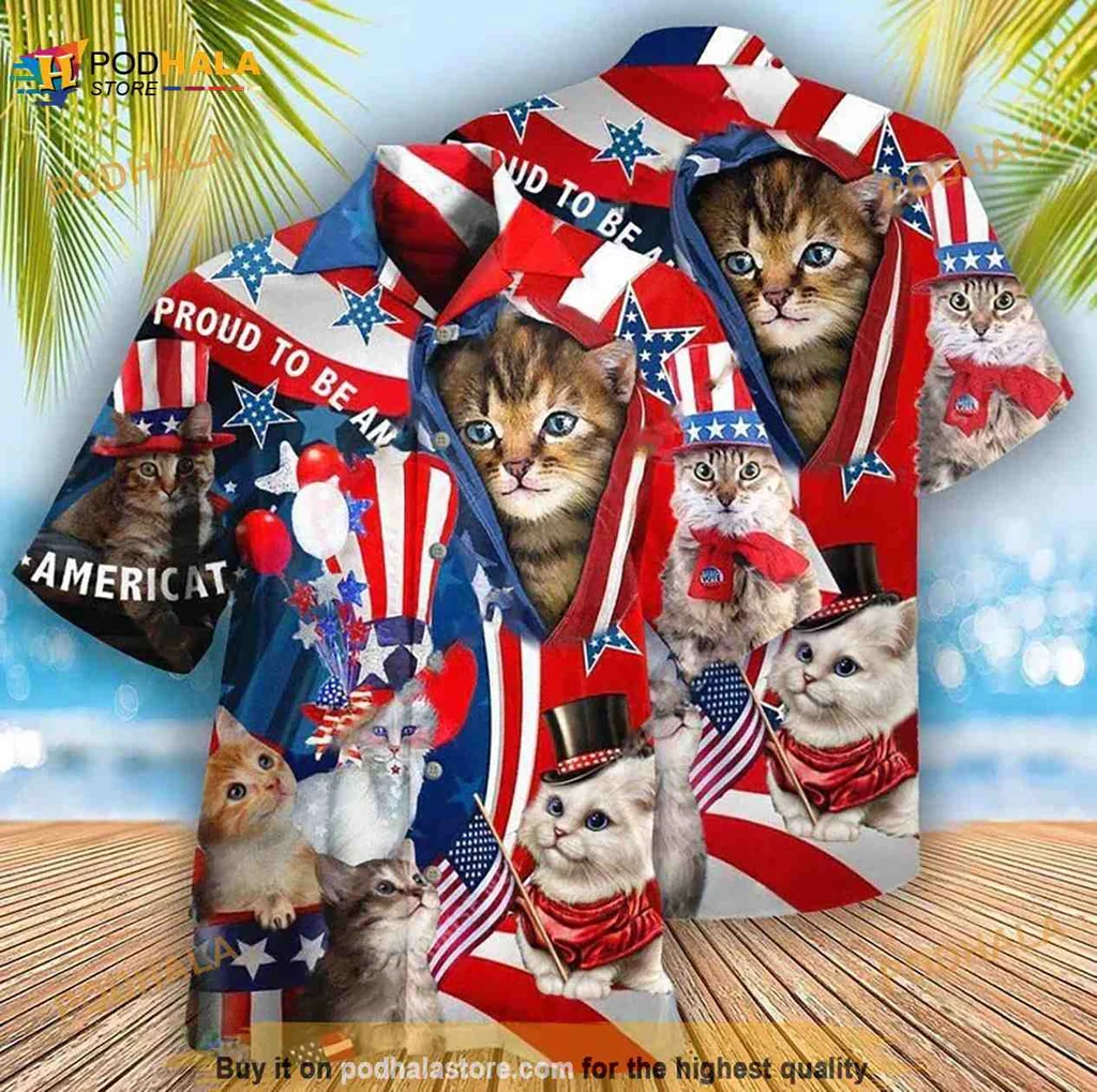 Patriotic Cat Aloha Shirt Featuring Whimsical Cats In Red White And Blue