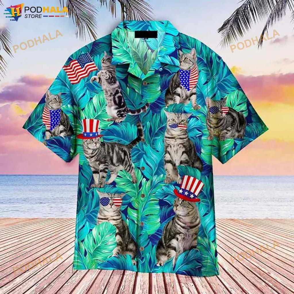 Patriotic Cat Lover Hawaiian Shirt With Playful Feline Design