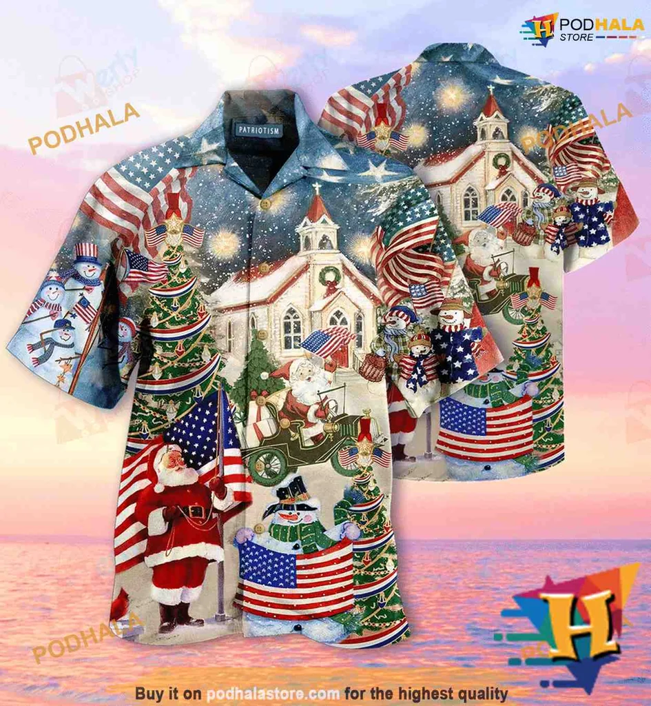 Patriotic Christmas Hawaiian Shirt Featuring Santa And Christmas Trees