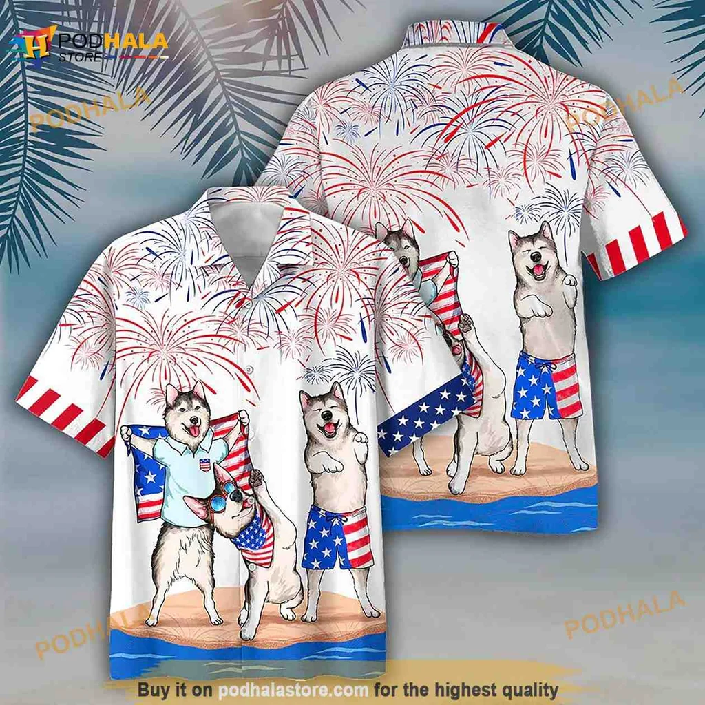 Patriotic Dog Hawaiian Shirt With Cartoon Huskies And Fireworks