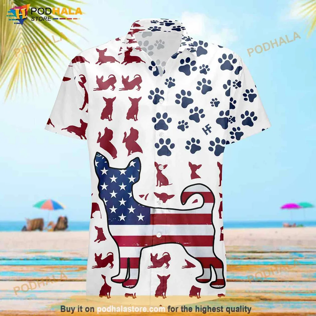 Patriotic Dog Lover Hawaiian Shirt Featuring American Flag Silhouettes