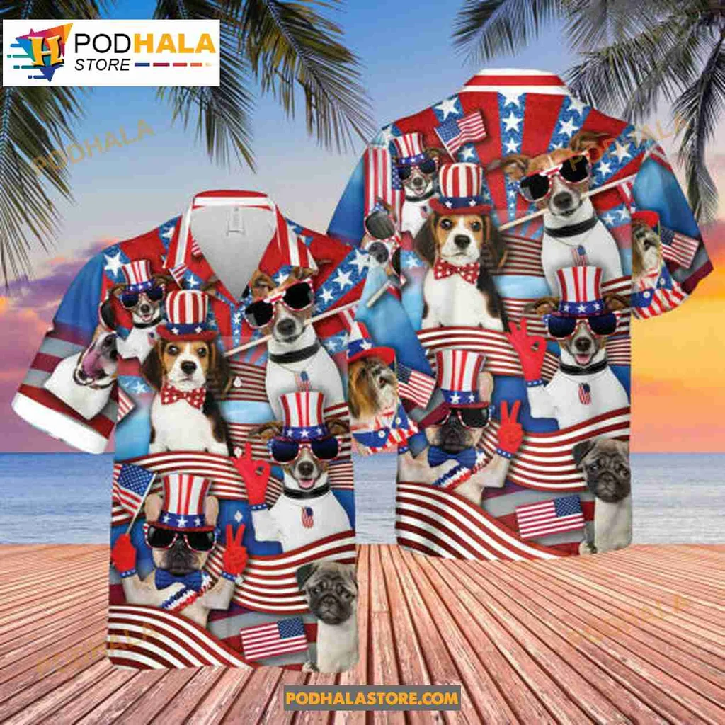 Patriotic Dogs Hawaiian Shirt Featuring American Flag Design