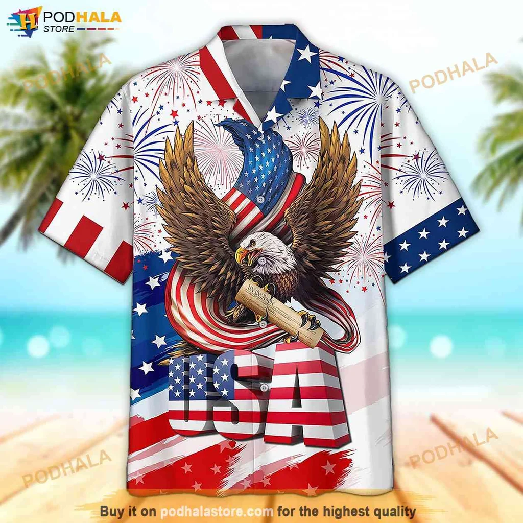 Patriotic Eagle Aloha Shirt, 4th Of July Gift, Independence Day Celebration
