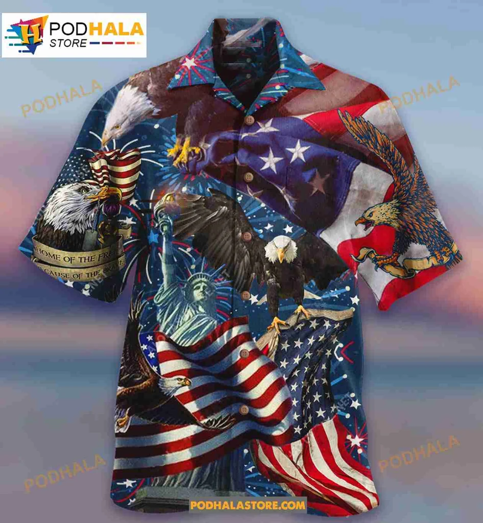 Patriotic Eagle American Flag Hawaiian Shirt With Statue Of Liberty Design